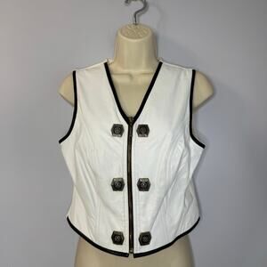 Cache Vintage White Leather Vest Full Zip Crest Gold Buttons Detail Stretch